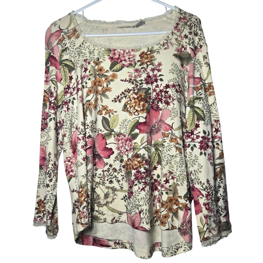 White Stag Floral Long‎ Sleeve Top XL Cottage Fairy Romantic Grandma Boho Soft